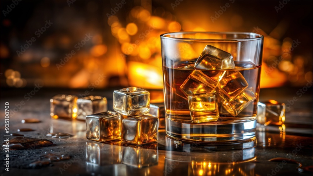 Glass of Irish Whiskey with Ice Cubes and Warm Lighting