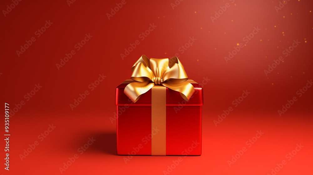 Present box with golden bow on red background. Festive backdrop for holidays: Birthday, Valentines day, Christmas, New Year Present box with golden bow on red background. Festive backdrop for holidays: Birthday, Valentines day, Christmas, New Year