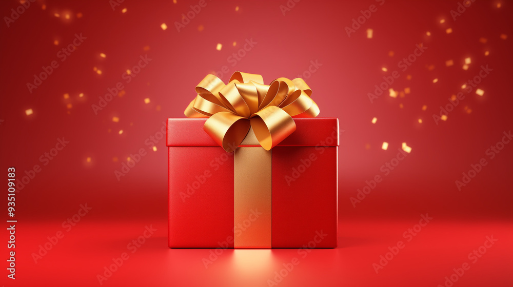 Present box with golden bow on red background. Festive backdrop for holidays: Birthday, Valentines day, Christmas, New Year Present box with golden bow on red background. Festive backdrop for holidays: Birthday, Valentines day, Christmas, New Year