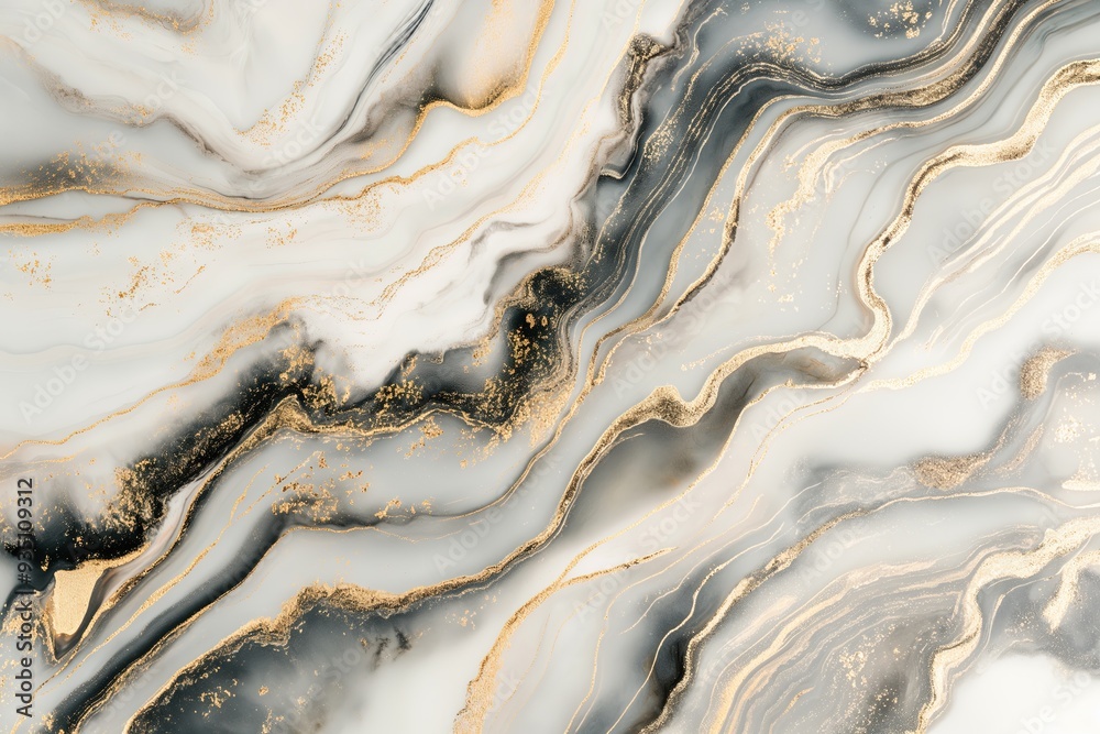 Abstract white, black, and gold marbled background with flowing lines and metallic accents.