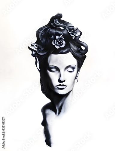 Portrait of a woman with eyes closed in black and white dramatic lighting