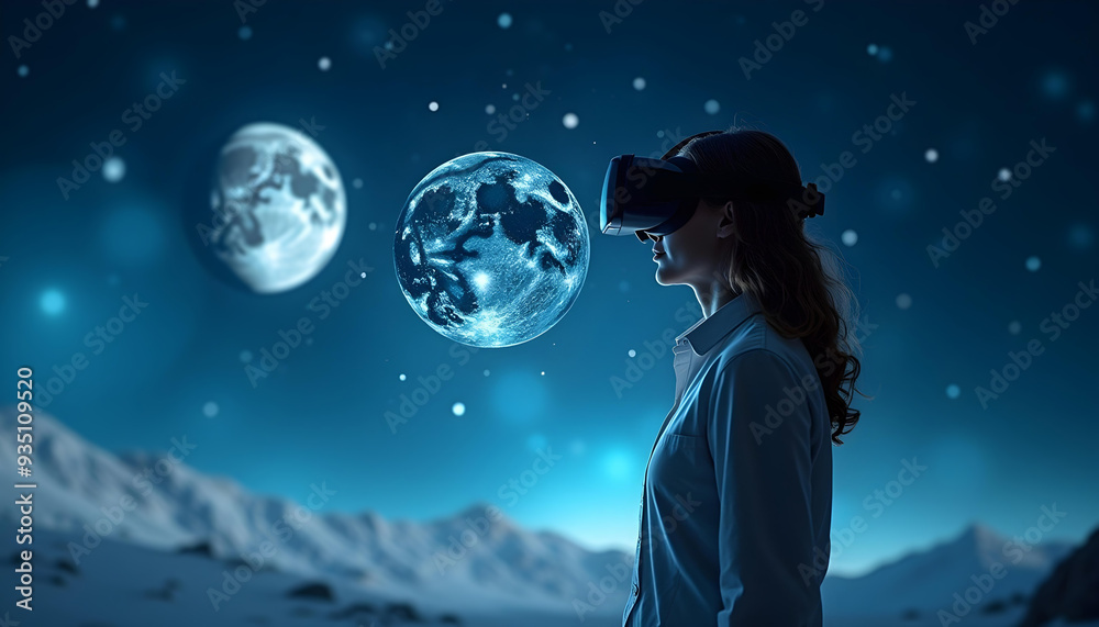 Immersive VR space exploration with planetary landscapes and futuristic virtual reality headset Immersive VR space exploration with planetary landscapes and futuristic virtual reality headset