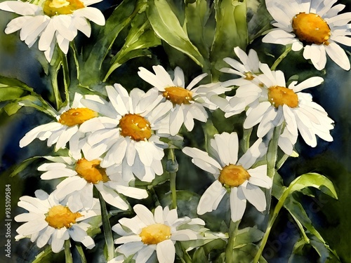 Watercolor white daisies flowers