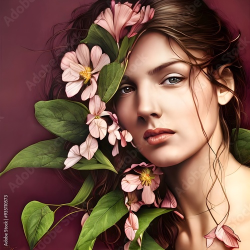Portrait of a woman with pink flowers