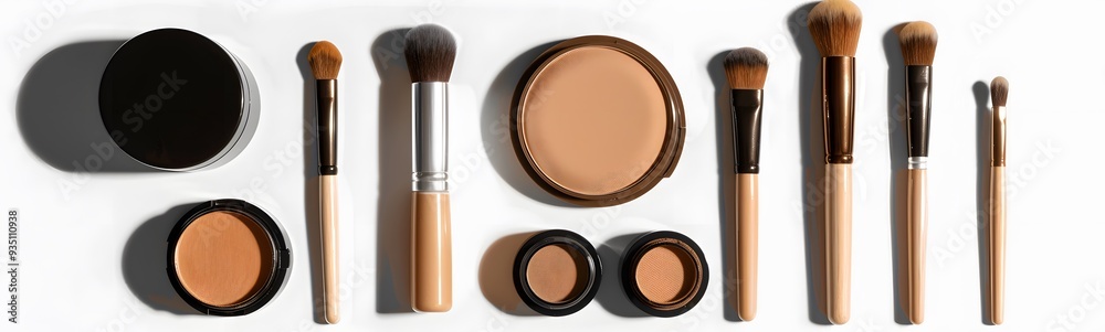 Set of cosmetic products for makeup with natural brushes. Set of cosmetic products for makeup with natural brushes.