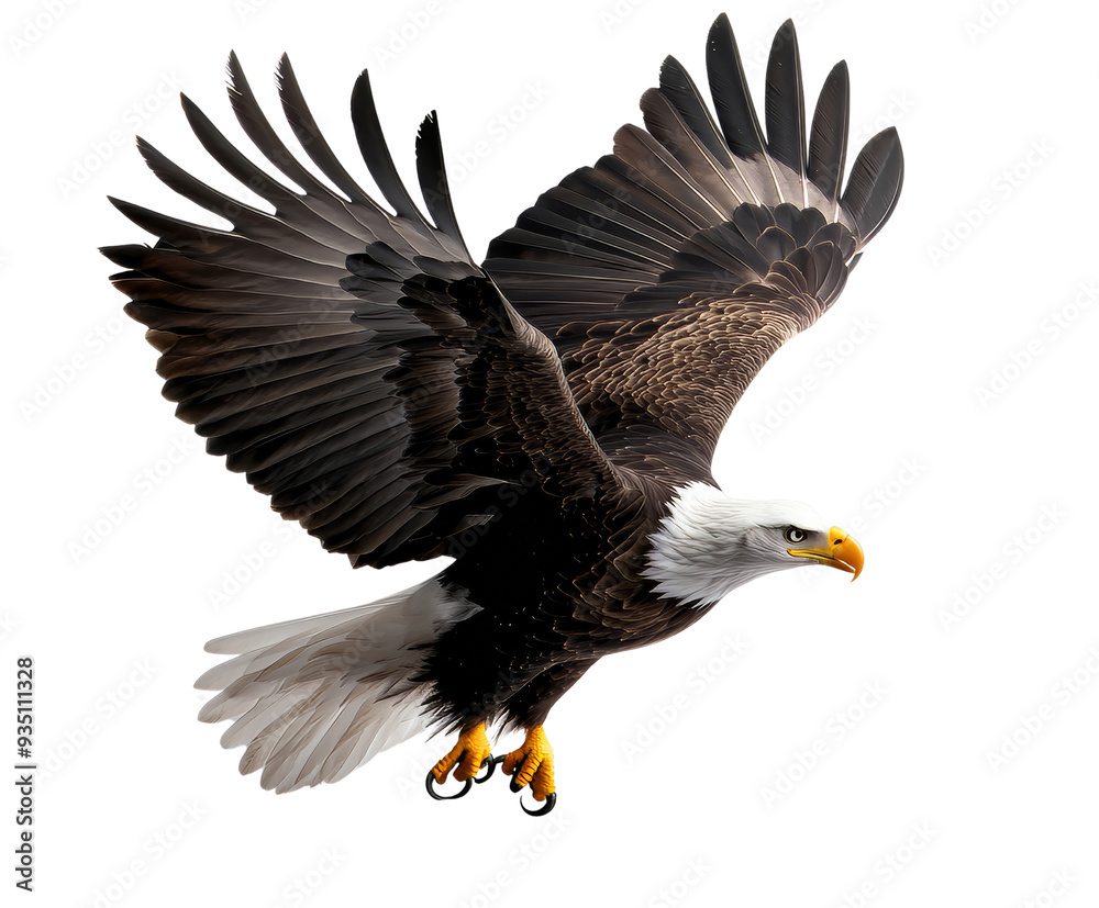 Naklejka premium Majestic bald eagle with wings spread in mid-flight, symbolizing freedom and strength against a clear backdrop.