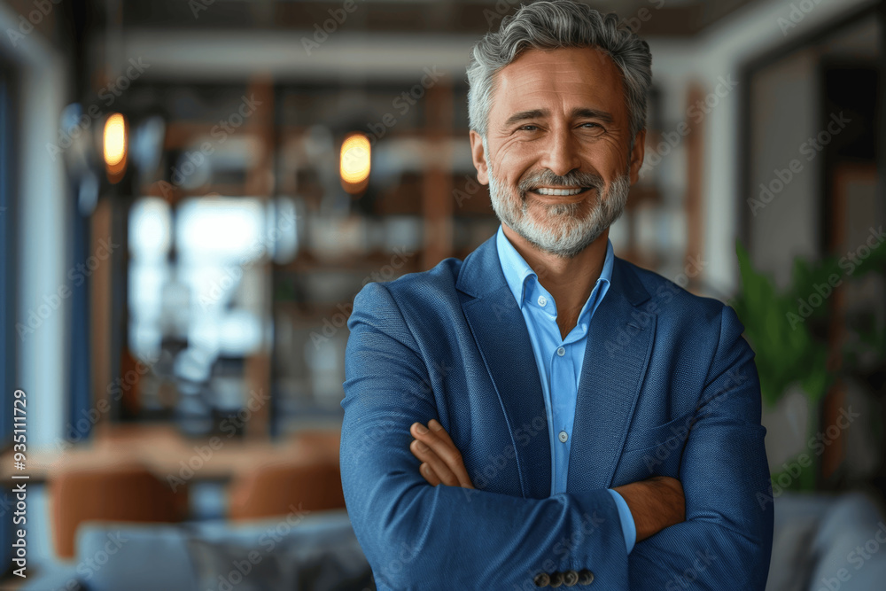 Mature Confident Man In Blue Suit Smiling In Modern Office Mature Confident Man In Blue Suit Smiling In Modern Office