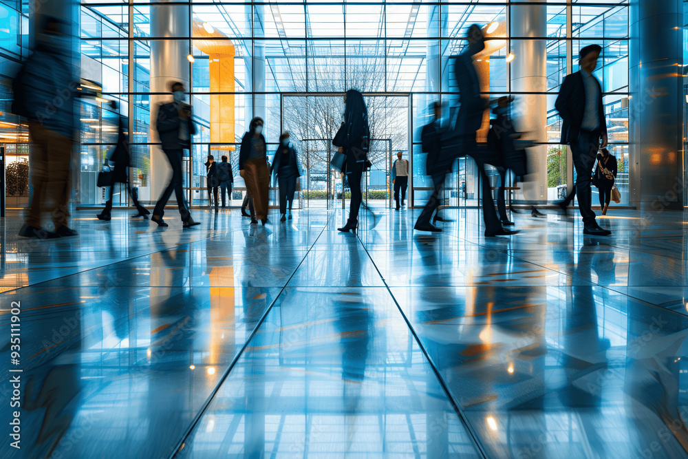 Modern Office Building Lobby With People Walking Modern Office Building Lobby With People Walking