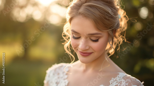 The bride exudes elegance with a soft closed smile while standing in a serene outdoor setting, bathed in warm, golden sunlight