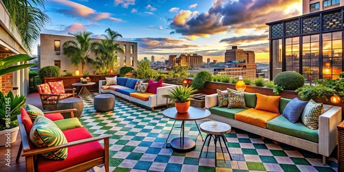 * A stylish boutique hotel combining urban edge with modern flair, featuring eclectic art pieces, bold colors, and a rooftop oasis. photo