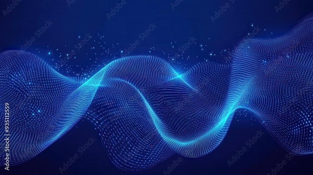 Fototapeta premium A dynamic blue wave pattern with glowing dots, representing digital technology and innovation.