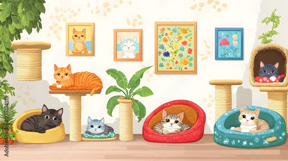Cozy Feline Abode Cartoon Cats Lounging in Colorful Beds Amidst Vibrant Wall Art and Lush Plants Cozy Feline Abode Cartoon Cats Lounging in Colorful Beds Amidst Vibrant Wall Art and Lush Plants