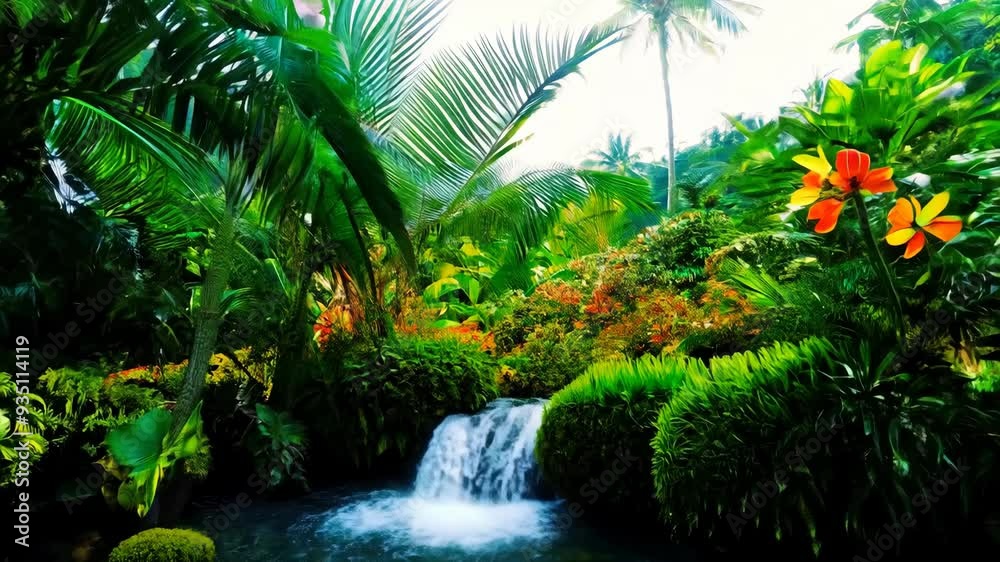 Exploring the lush tropical rainforest with vibrant vegetation and a flowing stream in the heart of nature Exploring the lush tropical rainforest with vibrant vegetation and a flowing stream in the heart of nature