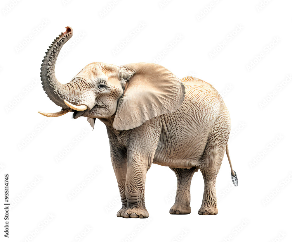 Fototapeta premium Image of a majestic elephant lifting its trunk. Ideal for wildlife, nature, and safari-themed projects. High-resolution photo.
