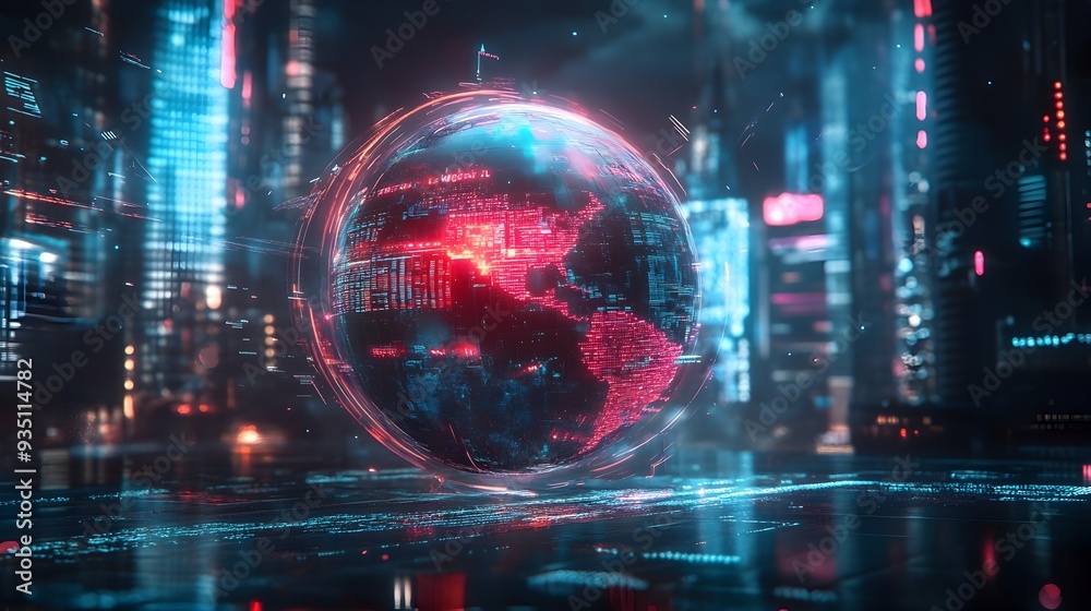 Obraz premium Glowing Futuristic Cityscape with Illuminated Holographic Globe Depicting Global Connectivity and Technology Innovation