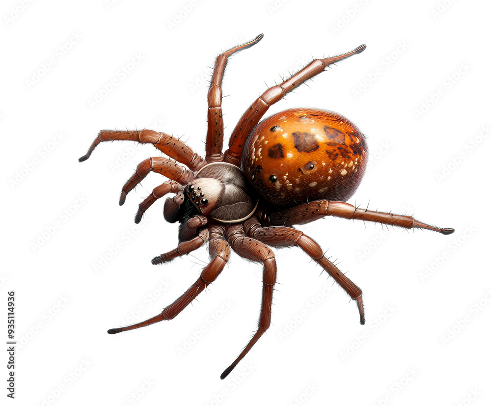 Close-up image of a brown spider with detailed markings on its back, isolated on a white background. Close-up image of a brown spider with detailed markings on its back, isolated on a white background.