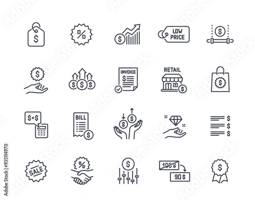 Set of linear price icons. Simple symbols with receipt, price tag, cost, sale and invoice. Editable stroke. Design element for app. Outline vector illustration collection isolated on white background
