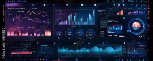 Futuristic digital dashboard with data visualizations, charts, graphs, and brain scan.