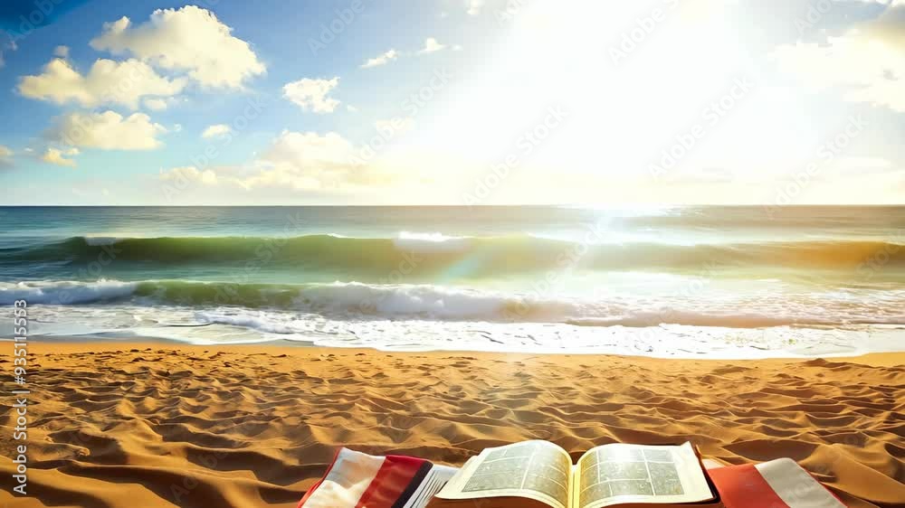 Relaxing read by the ocean at sunset with waves crashing on the shore and a book open on a blanket Relaxing read by the ocean at sunset with waves crashing on the shore and a book open on a blanket