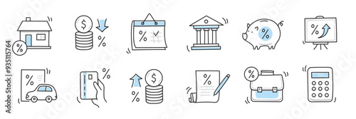 Loan interest rate doodle icon set. Hand drawn sketch doodle line style bank money loan interest rate icon for house, car discount percentage concept. Trendy cute element. Vector illustration