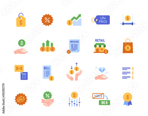 Set of price icons. Colorful signs with receipt, cost, discount, invoice, bill and price tag. Design elements for app or website. Flat vector illustration collection isolated on white background