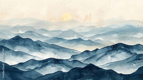 Abstract, muted watercolor mountains with a blank sky area for text