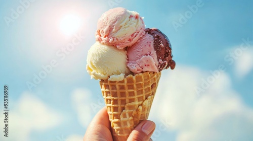 Hand holding an ice cream cone with scoops of vanilla, strawberry, and chocolate ice cream against a bright blue sky.