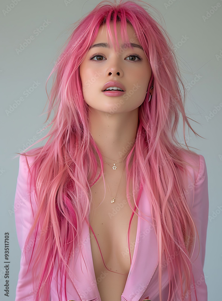 A striking portrait of a woman with long pink hair, showcasing a modern and bold fashion statement in soft lighting. A striking portrait of a woman with long pink hair, showcasing a modern and bold fashion statement in soft lighting.
