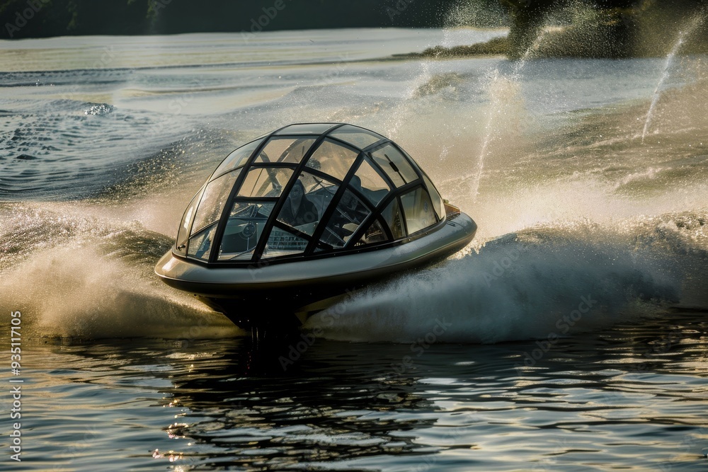 Fototapeta premium A hovercraft maneuvering effortlessly over water and land. AI generated