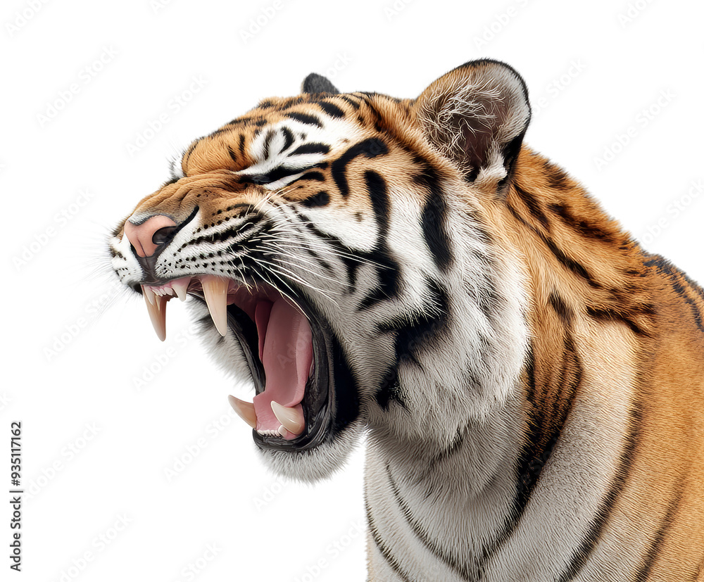 Obraz premium A fierce tiger roars with its mouth wide open, showcasing sharp teeth and captivating eyes. Wild, majestic, and powerful in nature.
