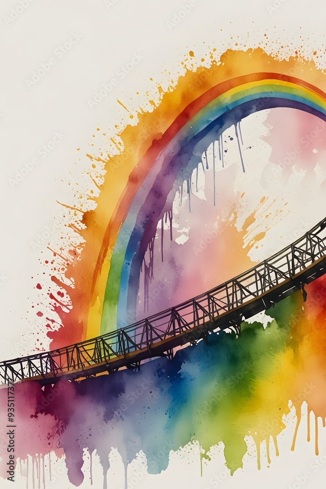 Obraz premium Rollercoaster with a rainbow overhead in watercolor style
