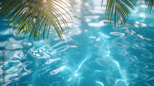 Palm leaves shadow on water surface in swimming pool, summer vacation.