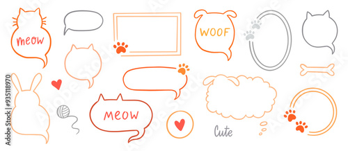 Cat dog pet frame, speech bubble cute set. Hand drawn sketch doodle line style animal pet frame design. Cat, dog paw cute talk speech bubble design. Puppy round footprint badge. Vector illustration.