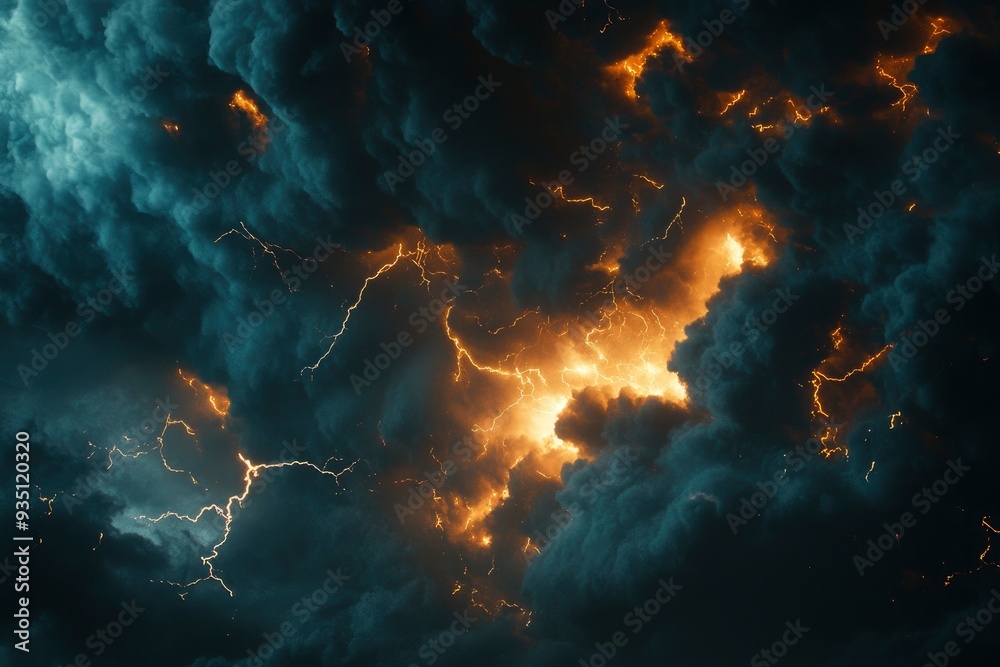 Fototapeta premium Fiery thunderstorm in the night sky. Lightning thunderstorm flash over the night sky. Concept on topic weather, cataclysms hurricane, with generative ai