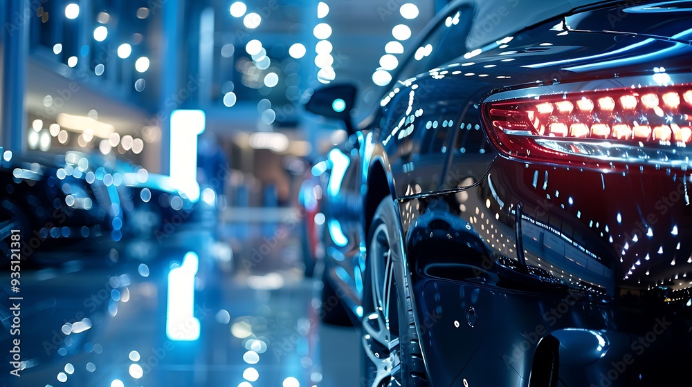 Elegant luxury vehicles on display in a high end setting with bright contemporary lights