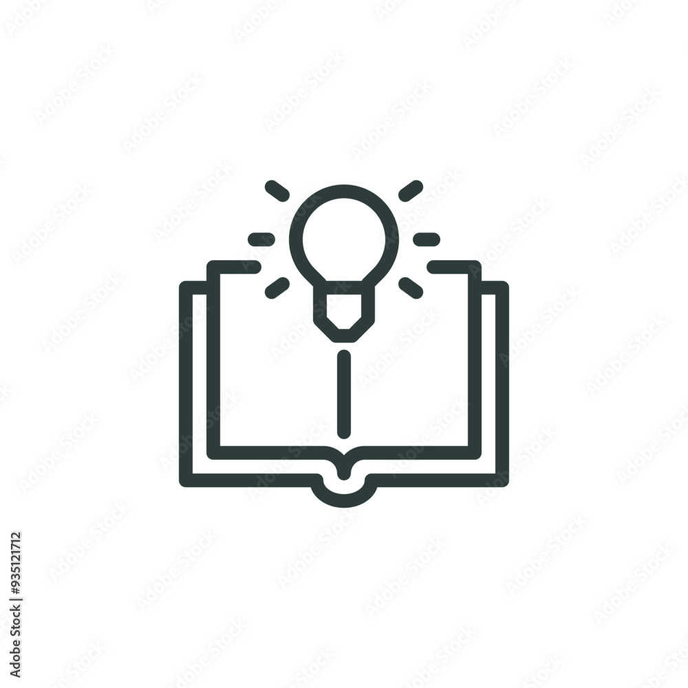 Outline icon learning, library knowledge, school education, wisdom. Line sign open book and a shining light bulb. Vector isolated pictograms for web on white background editable stroke. Outline icon learning, library knowledge, school education, wisdom. Line sign open book and a shining light bulb. Vector isolated pictograms for web on white background editable stroke.