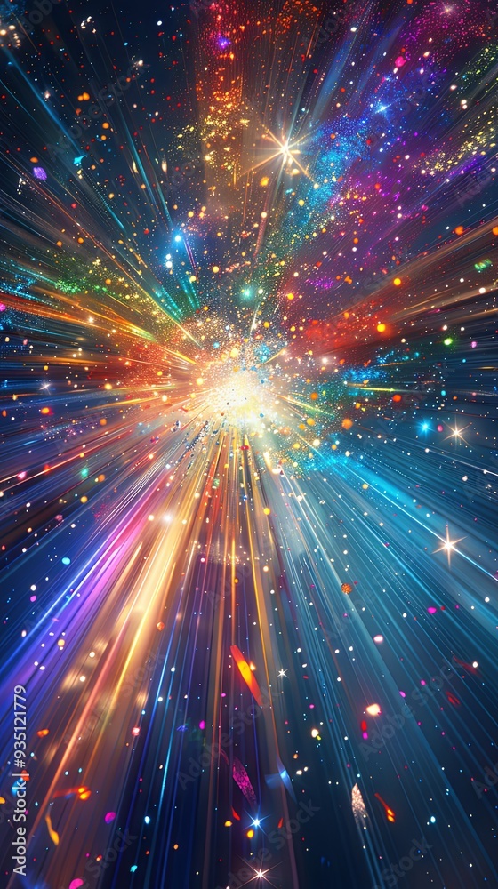 Fototapeta premium An explosion of prismatic light rays piercing through darkness