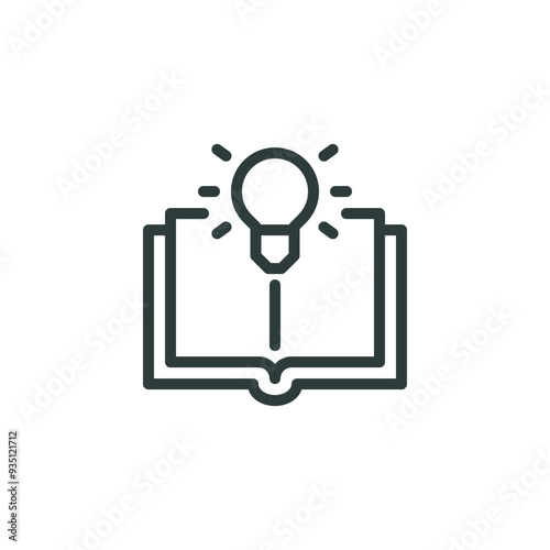 Outline icon learning, library knowledge, school education, wisdom. Line sign open book and a shining light bulb. Vector isolated pictograms for web on white background editable stroke.