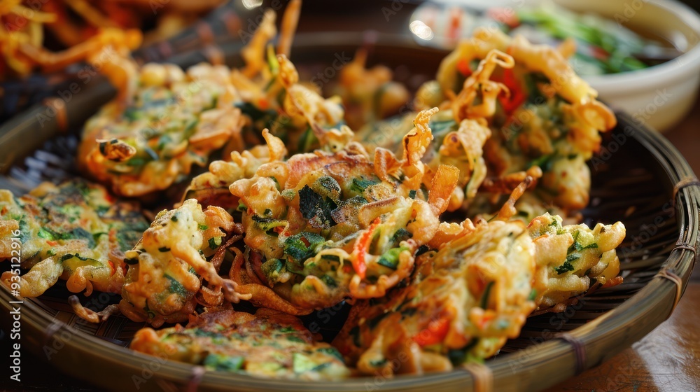 Crispy Fried Vegetable Fritters in a Bamboo Basket Crispy Fried Vegetable Fritters in a Bamboo Basket