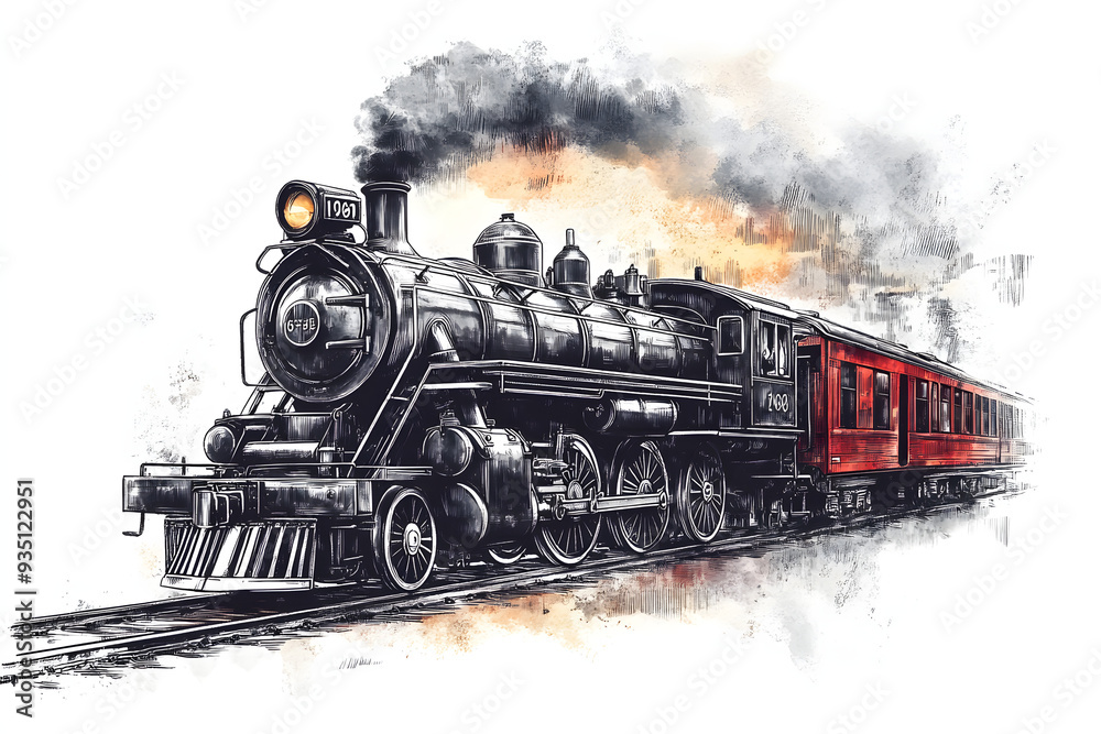 Obraz premium Steam Locomotive hand drawn sketch. Vector illustration desing.