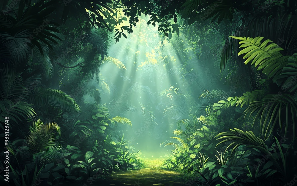 Mythical Amazon Forest, realistic background, elemental magic, lush vegetation Mythical Amazon Forest, realistic background, elemental magic, lush vegetation