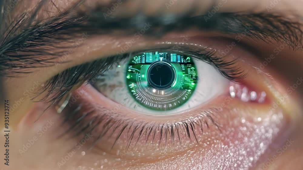 Close up of a human eye mixed with a digital interface, showing hud data and info on the environment. Explore the blend of tech and vision in a futuristic world of ai, vr, and big data