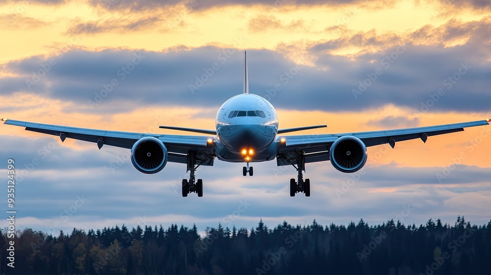 A large airplane is about to land. It is landing on a runway at sunset. A large airplane is about to land. It is landing on a runway at sunset.
