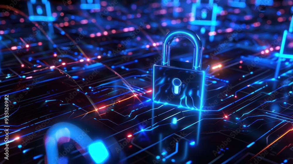 A Metallic Padlock on a Futuristic Circuit Board with Blue and Red Lighting A Metallic Padlock on a Futuristic Circuit Board with Blue and Red Lighting
