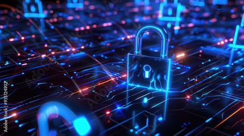 A Metallic Padlock on a Futuristic Circuit Board with Blue and Red Lighting