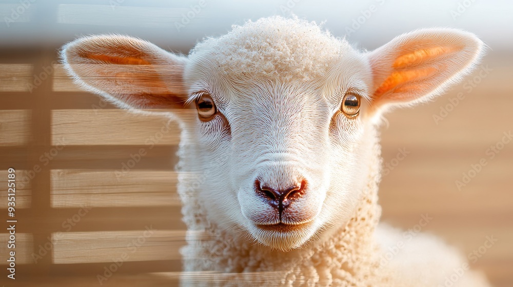 Fototapeta premium Adorable lamb nestled beside a rustic barn, captured in a double exposure with a vintage wooden fence, evoking countryside charm