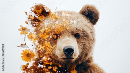 Cuddly teddy bear merged with delicate floral patterns, double exposure style, capturing warmth and innocence photo