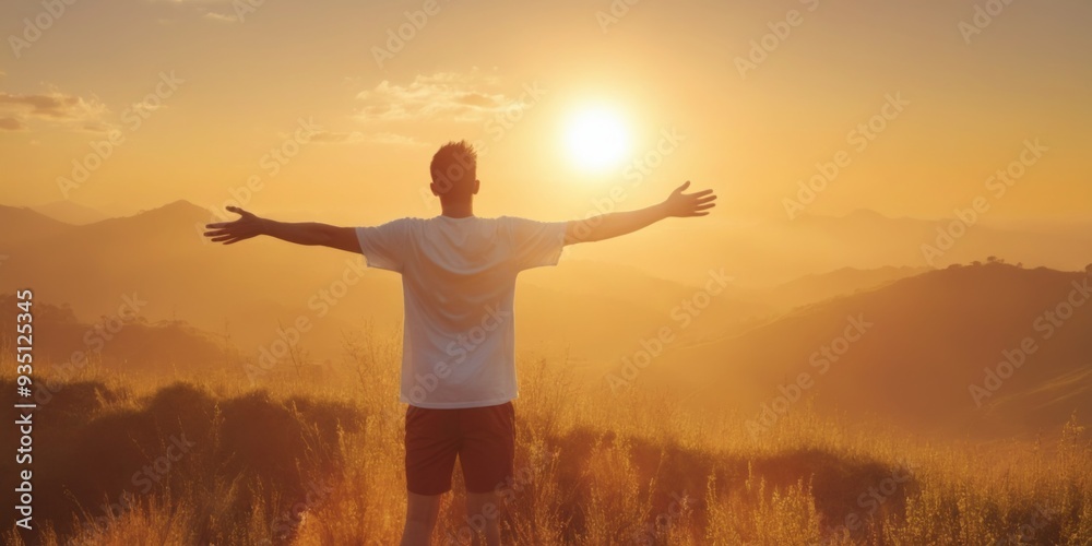 Man on Hill Enjoying Sunrise/Sunset with Outstretched Arms, Oran Man on Hill Enjoying Sunrise/Sunset with Outstretched Arms, Oran