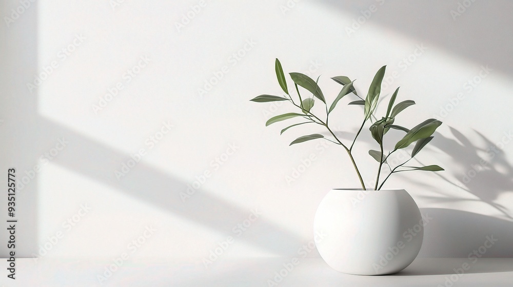 Minimalist Greenery: A simple yet elegant white vase filled with delicate green olive branches sits against a pristine white wall, bathed in soft, natural light. Minimalist Greenery: A simple yet elegant white vase filled with delicate green olive branches sits against a pristine white wall, bathed in soft, natural light.