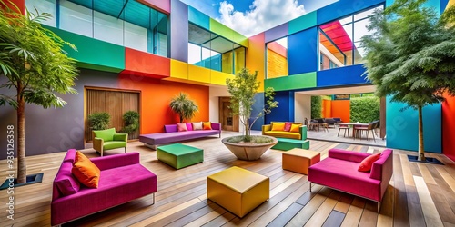 Enclosed outdoor space meets urban chic with a fusion of modern architecture, bold colors, geometric patterns, and angular lines, resulting in a visually stunning courtyard retreat. photo